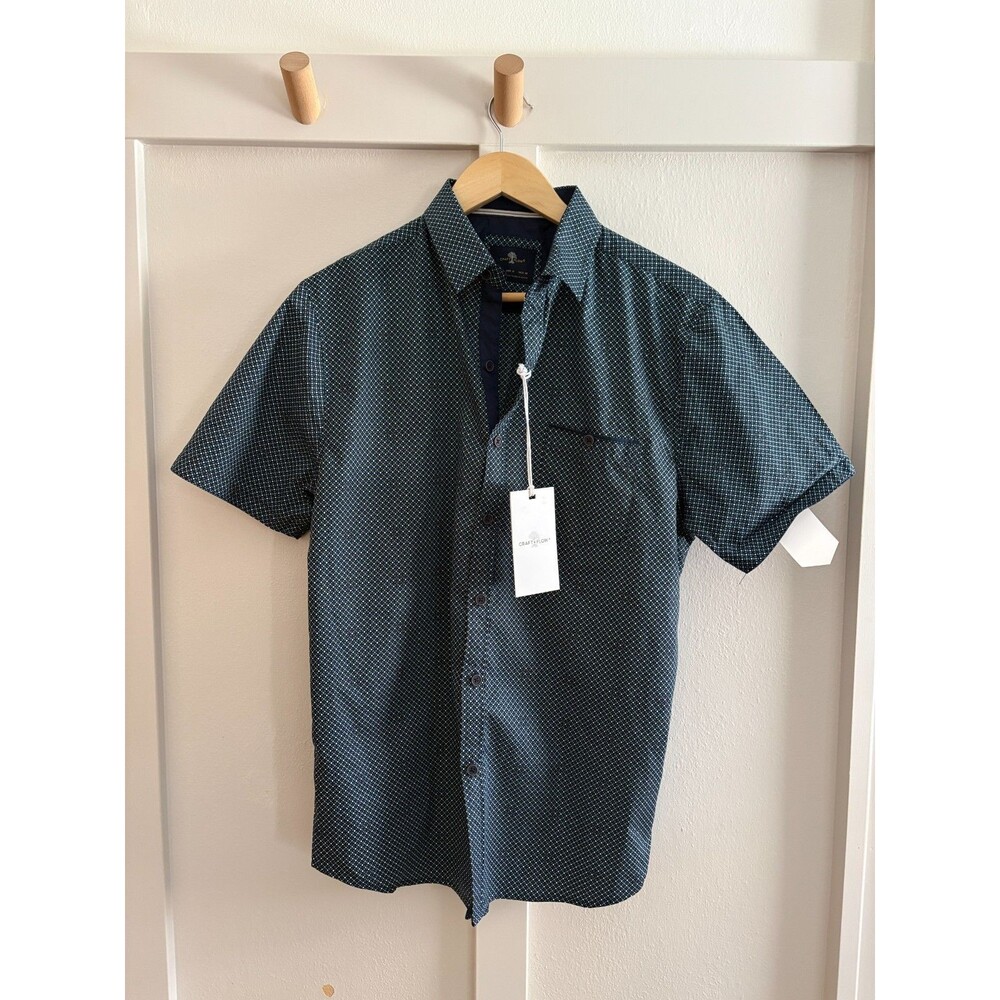CRAFT+FLOW Navy optic Geo Button-Up Shirt Short Sleeve Stretch Point Collar Med